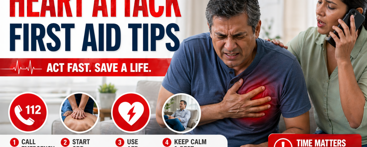 Heart attack first aid tips showing emergency response steps during chest pain situation