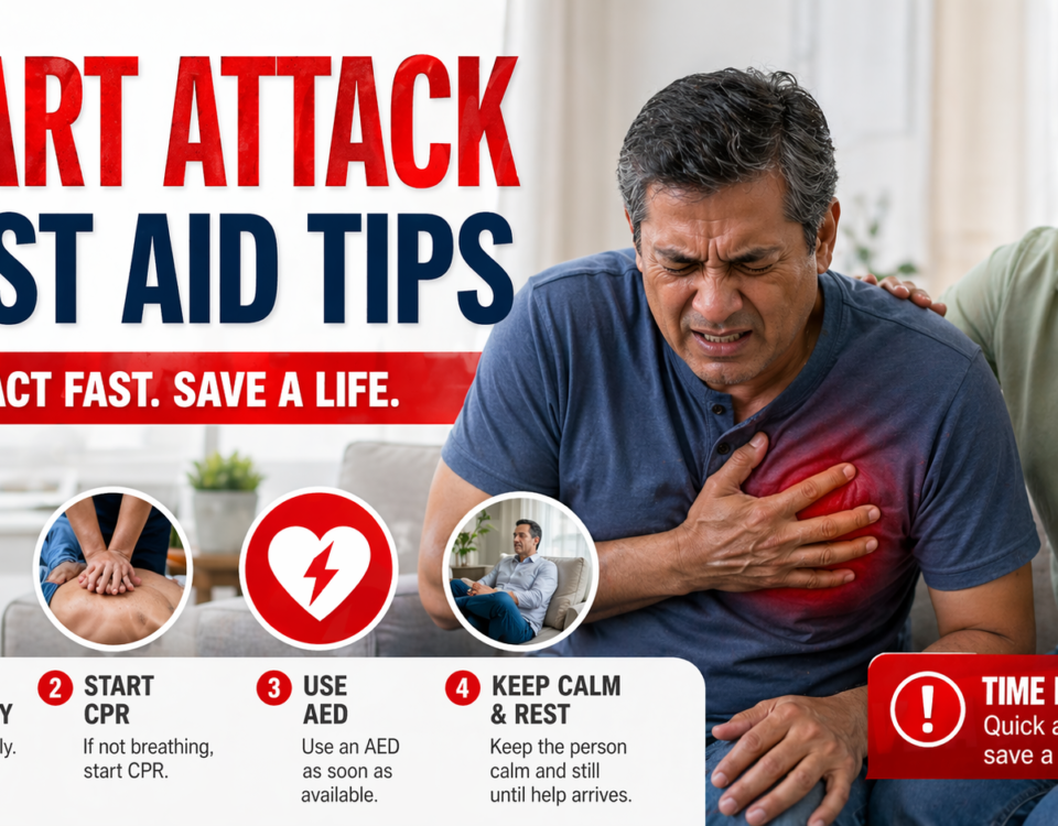 Heart attack first aid tips showing emergency response steps during chest pain situation