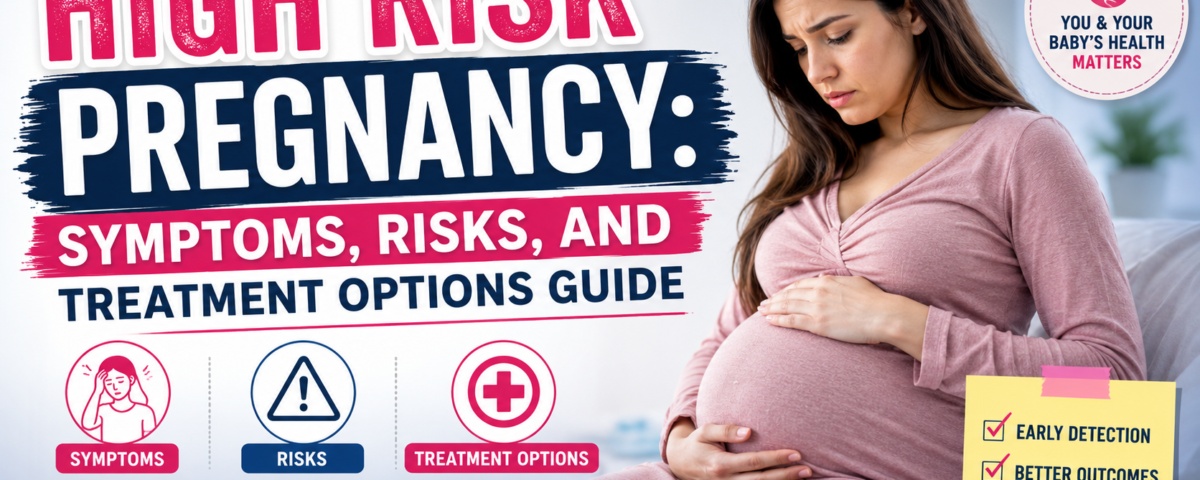 Doctor consulting pregnant woman about high risk pregnancy symptoms and treatment options in hospital clinic.
