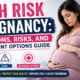 Doctor consulting pregnant woman about high risk pregnancy symptoms and treatment options in hospital clinic.