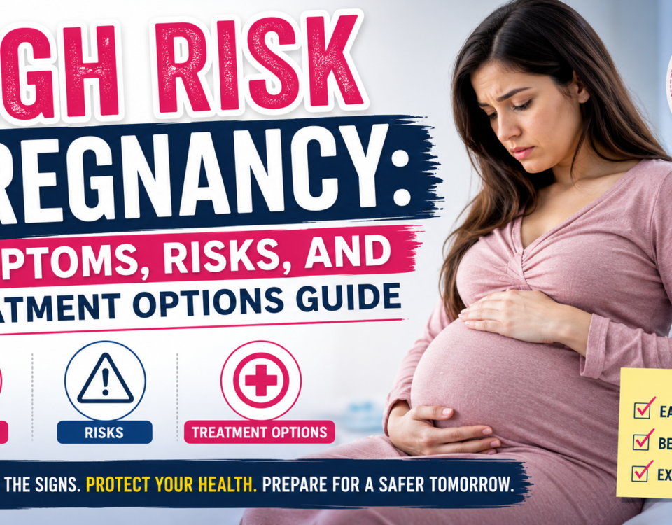 Doctor consulting pregnant woman about high risk pregnancy symptoms and treatment options in hospital clinic.