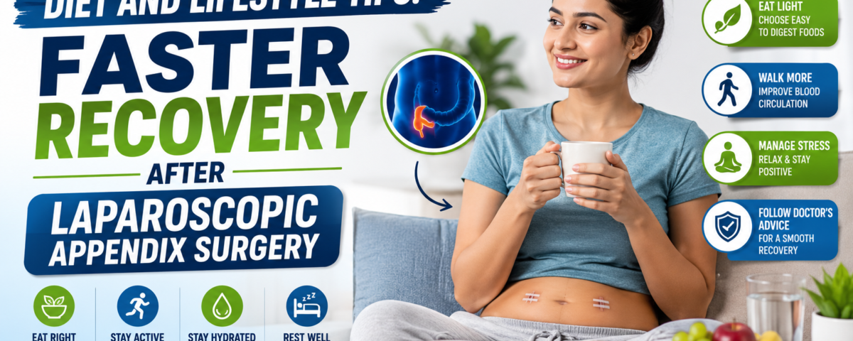 Patient recovering comfortably after laparoscopic appendix surgery with healthy food and light exercise routine.