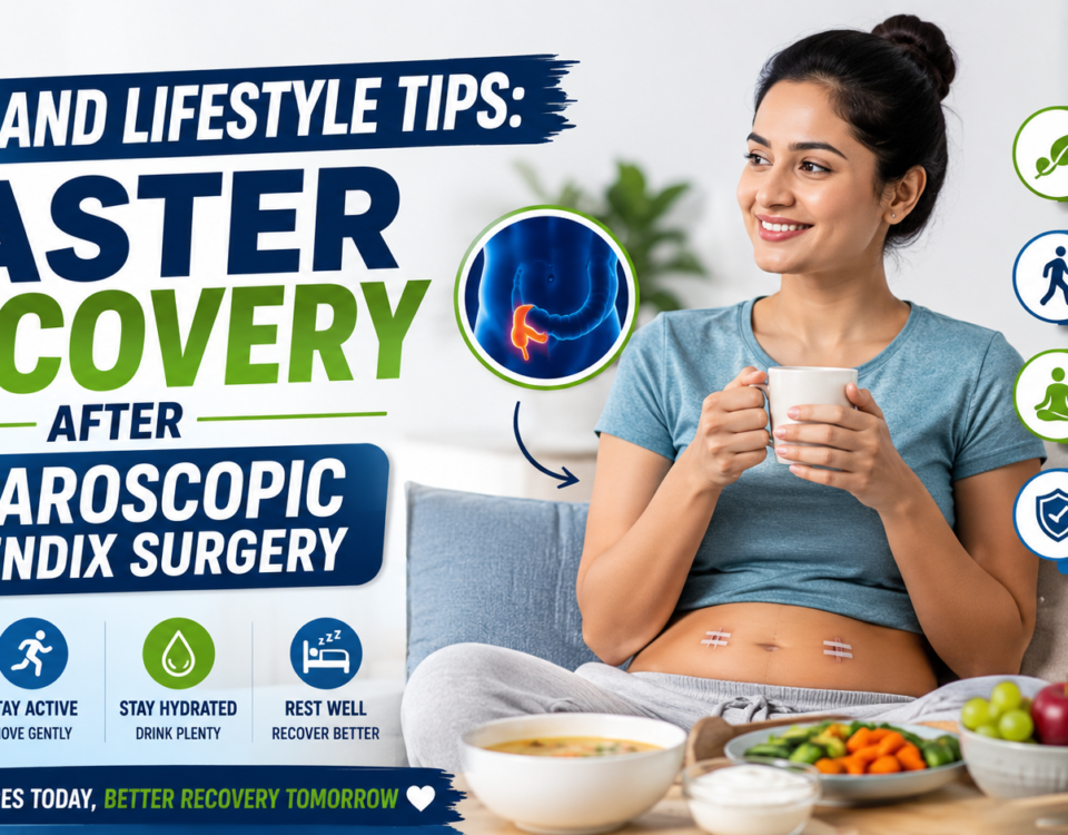 Patient recovering comfortably after laparoscopic appendix surgery with healthy food and light exercise routine.