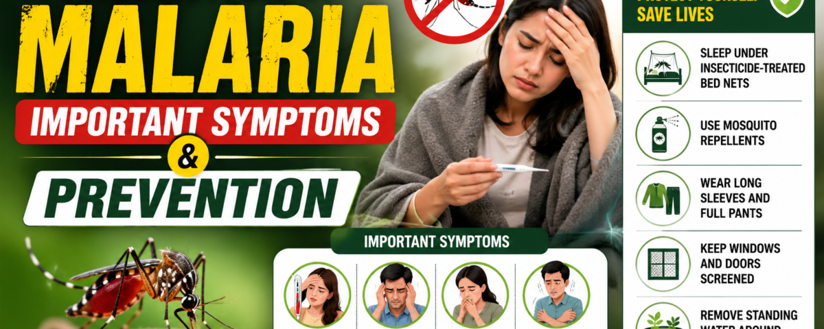 Doctor explaining prevention of malaria and its important symptoms with mosquito awareness illustration.