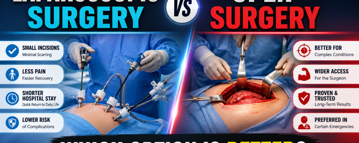 Illustration comparing laparoscopic surgery and open surgery procedures