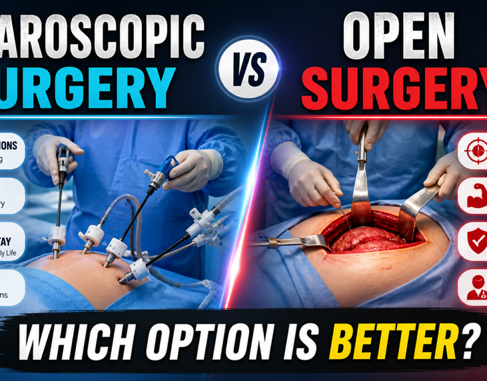 Illustration comparing laparoscopic surgery and open surgery procedures