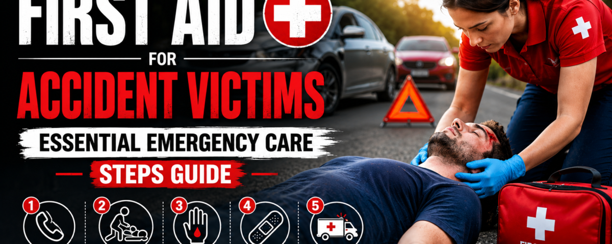 First aid responder providing emergency care to an accident victim while checking injuries and ensuring safety at the scene.