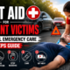 First aid responder providing emergency care to an accident victim while checking injuries and ensuring safety at the scene.