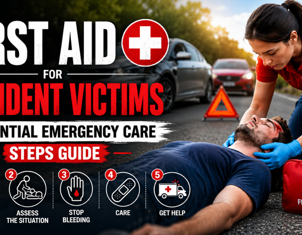 First aid responder providing emergency care to an accident victim while checking injuries and ensuring safety at the scene.