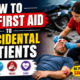 Medical responder providing first aid to an injured accident victim on the roadside after a car crash, demonstrating emergency care procedures.