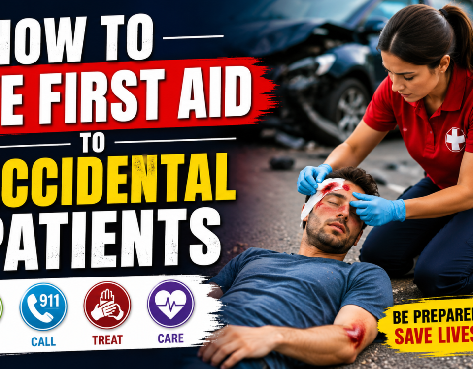 Medical responder providing first aid to an injured accident victim on the roadside after a car crash, demonstrating emergency care procedures.