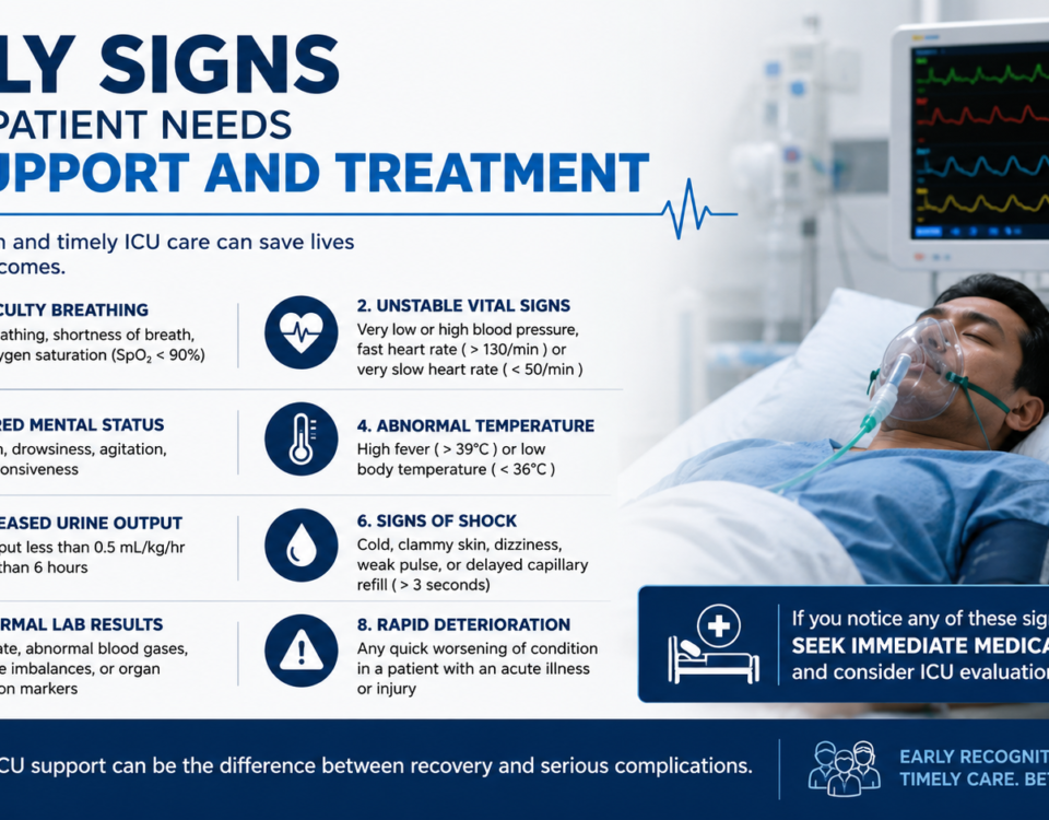 Early warning signs indicating a patient requires ICU support and critical care treatment, including breathing difficulties and unstable vital signs.