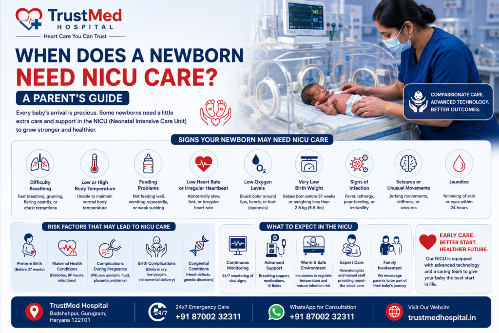 Newborn receiving NICU care at TrustMed Hospital with a neonatal nurse monitoring the baby in an incubator.