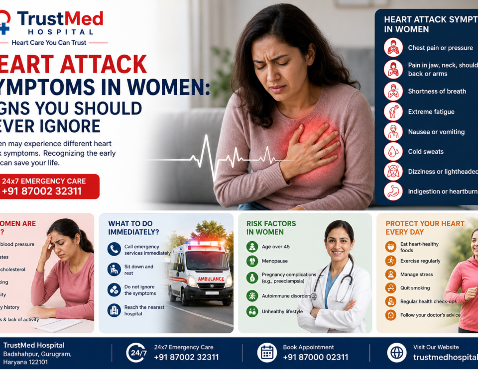 Woman experiencing chest discomfort while consulting a cardiologist at TrustMed Hospital.