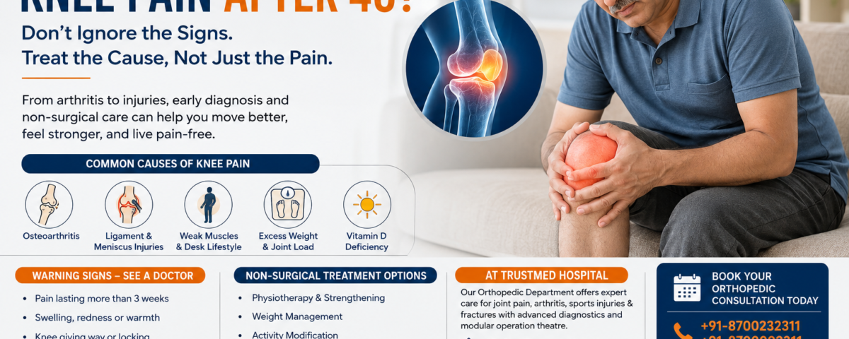 Middle-aged man holding his painful knee with an illustration of the knee joint, highlighting common causes, warning signs, and non-surgical treatments for knee pain after 40 at TrustMed Hospital.