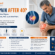 Middle-aged man holding his painful knee with an illustration of the knee joint, highlighting common causes, warning signs, and non-surgical treatments for knee pain after 40 at TrustMed Hospital.