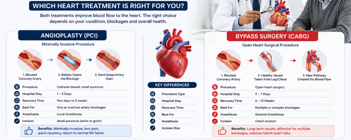 Angioplasty vs bypass surgery infographic by TrustMed Hospital comparing heart treatment procedures, recovery time, hospital stay, and benefits for blocked heart arteries.