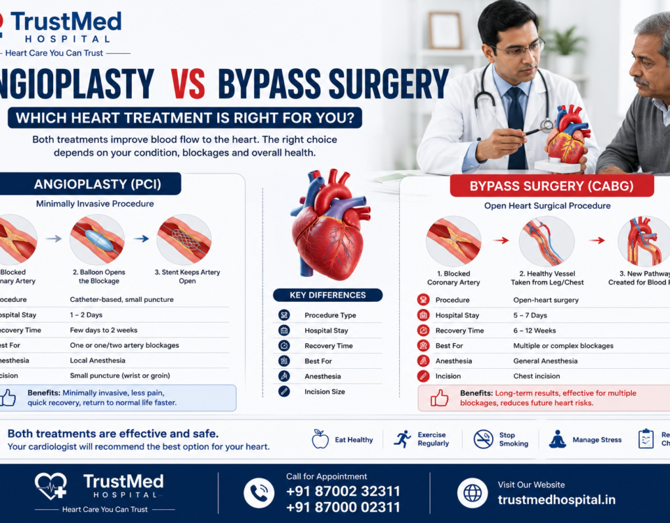 Angioplasty vs bypass surgery infographic by TrustMed Hospital comparing heart treatment procedures, recovery time, hospital stay, and benefits for blocked heart arteries.