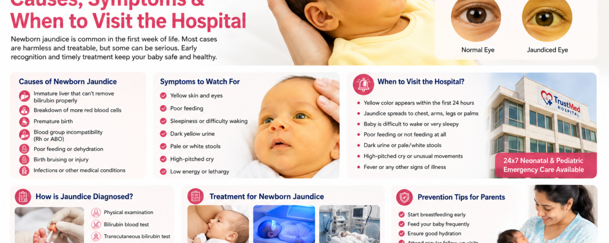 Newborn jaundice infographic showing causes, symptoms, treatment, and when to visit the hospital for neonatal care at TrustMed Hospital, Badshahpur, Gurugram.