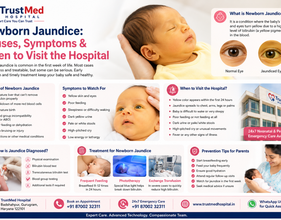 Newborn jaundice infographic showing causes, symptoms, treatment, and when to visit the hospital for neonatal care at TrustMed Hospital, Badshahpur, Gurugram.