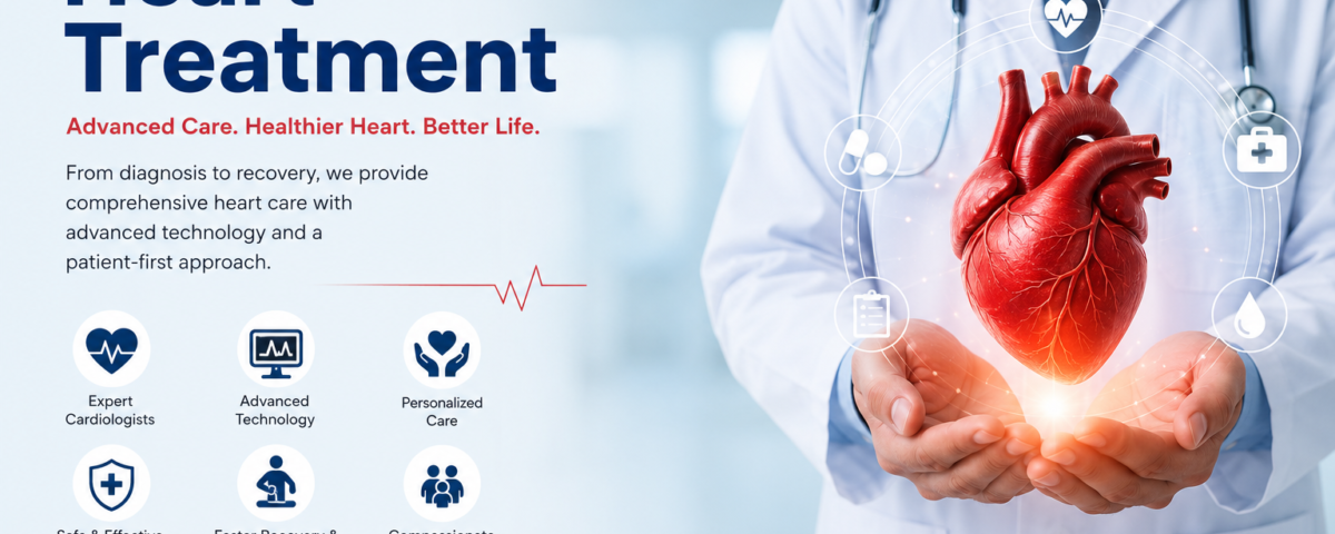 Heart treatment specialist holding a human heart model, representing advanced cardiac care, heart disease diagnosis, angioplasty, and modern cardiology services.