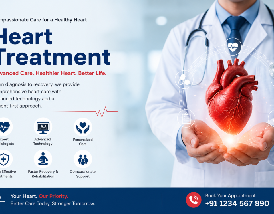 Heart treatment specialist holding a human heart model, representing advanced cardiac care, heart disease diagnosis, angioplasty, and modern cardiology services.