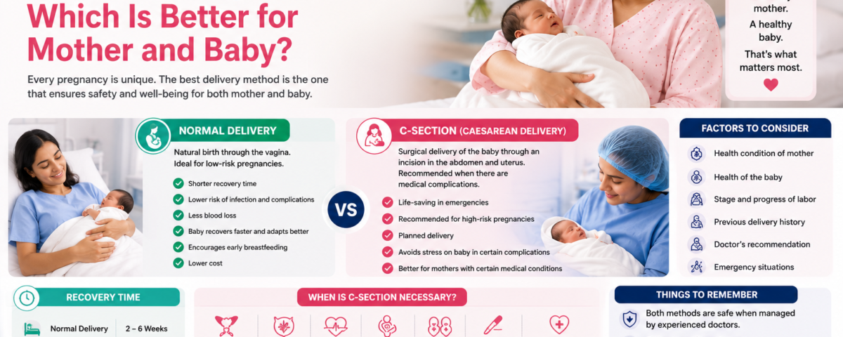 Comparison of normal delivery and C-section showing benefits, recovery time, and expert maternity care at TrustMed Hospital, Badshahpur, Gurugram.