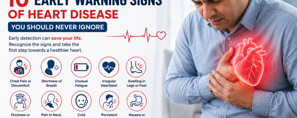 10 early warning signs of heart disease infographic by TrustMed Hospital showing symptoms like chest pain, shortness of breath, irregular heartbeat, and fatigue.