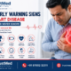 10 early warning signs of heart disease infographic by TrustMed Hospital showing symptoms like chest pain, shortness of breath, irregular heartbeat, and fatigue.