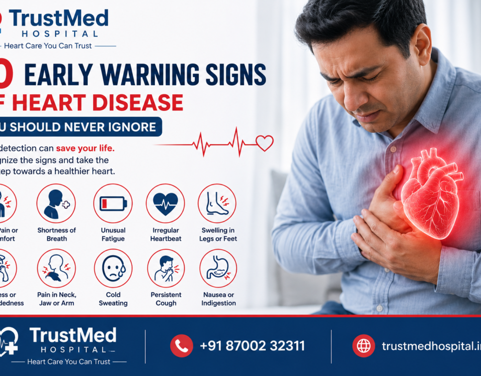 10 early warning signs of heart disease infographic by TrustMed Hospital showing symptoms like chest pain, shortness of breath, irregular heartbeat, and fatigue.