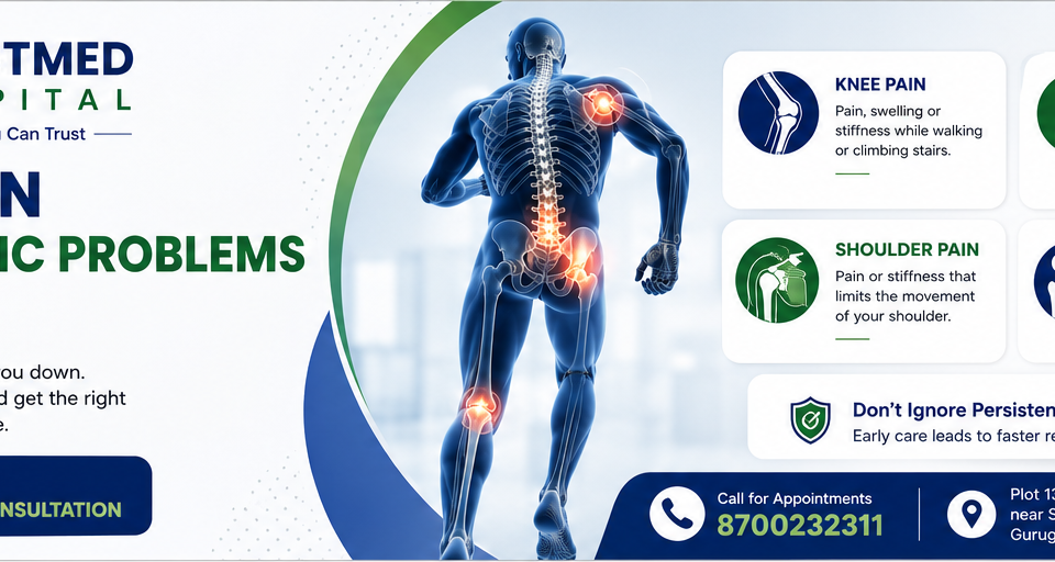 Orthopedic doctor examining joint pain in adult patient at TrustMed Hospital Gurgaon